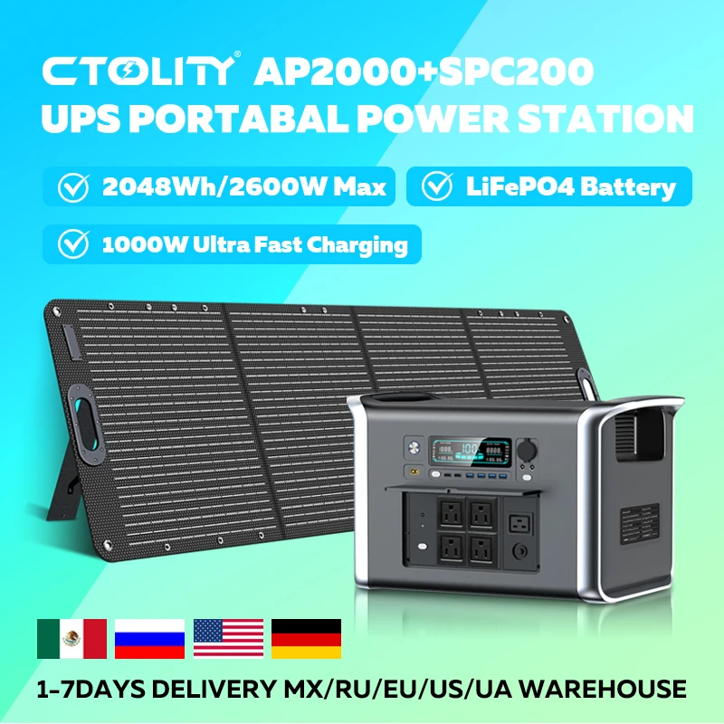 

CTOLITY AP2000 2400W Portable Power Station LiFePO4 Batter+ 200W Solar Panel ETFE Solar Generator Home Power Outage,Emergency,RV