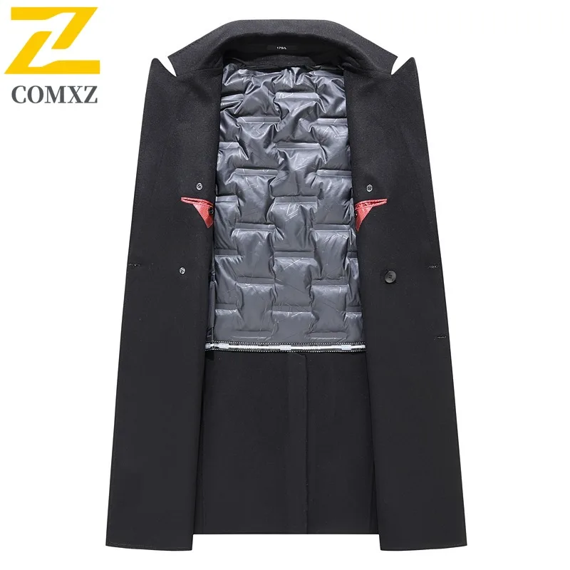 COMXZ 2025 Men Long Double Breasted Wool Coat Down Inner Layer Reversible Cashmere Overcoat Knee Length Winter windbreaker