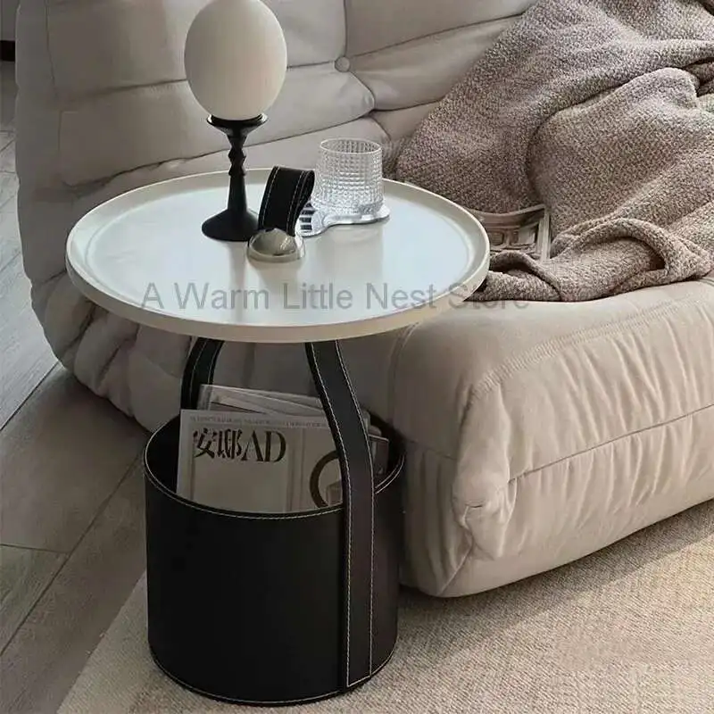 Sofa Side Mobile Round Coffee Table Bedroom Saddle Leather Bedside Cabinet Balcony Designer Hand Carry Storage Corner Table