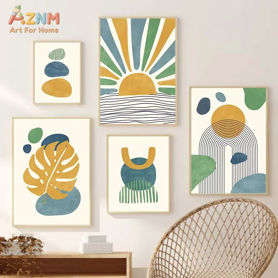 AZNM Boho Abstract Geometric Canvas Print Sun Rainbow Monstera Leaf Color Block Neutral Line Art Minimalist Wall Poster Unframed
