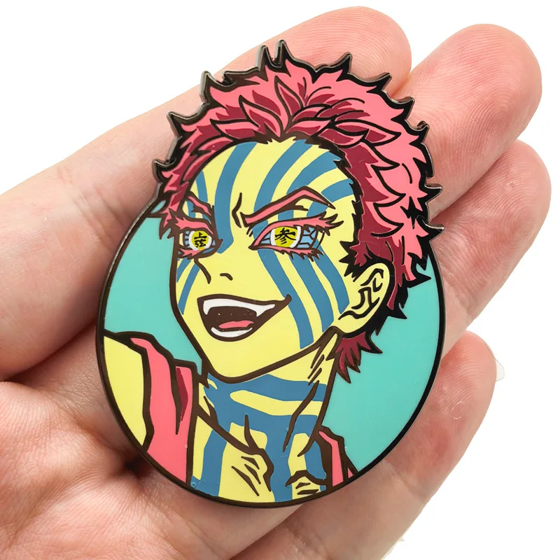 Akaza Badges Anime Demon Slayer Pins Hakuji Pendant Manga Kimetsu no Yaiba Brooches for Backpack Clothing Lapel ACG Cosplay Toy