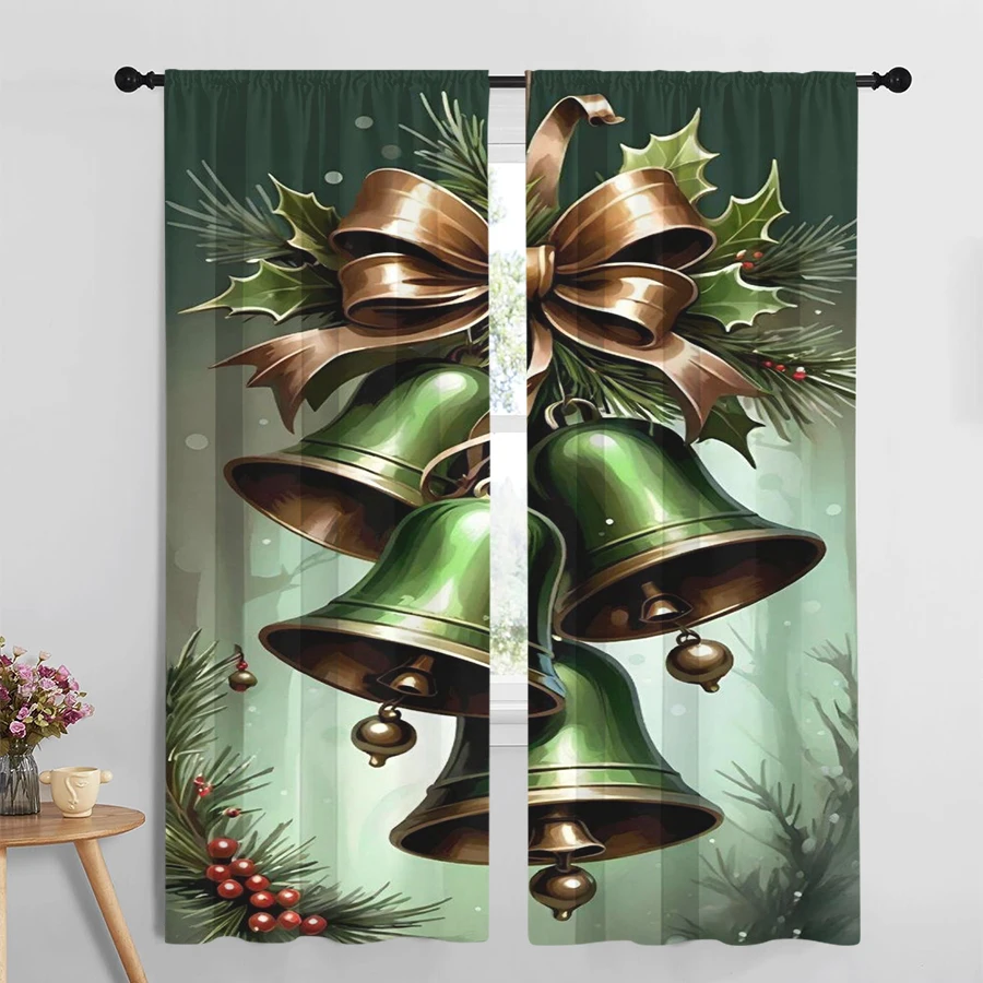 2PCS Digital Print Curtain, Green Christmas Bells with Gold Bow and Pine Branches, Holly and Red Berries, for Window Home Decor