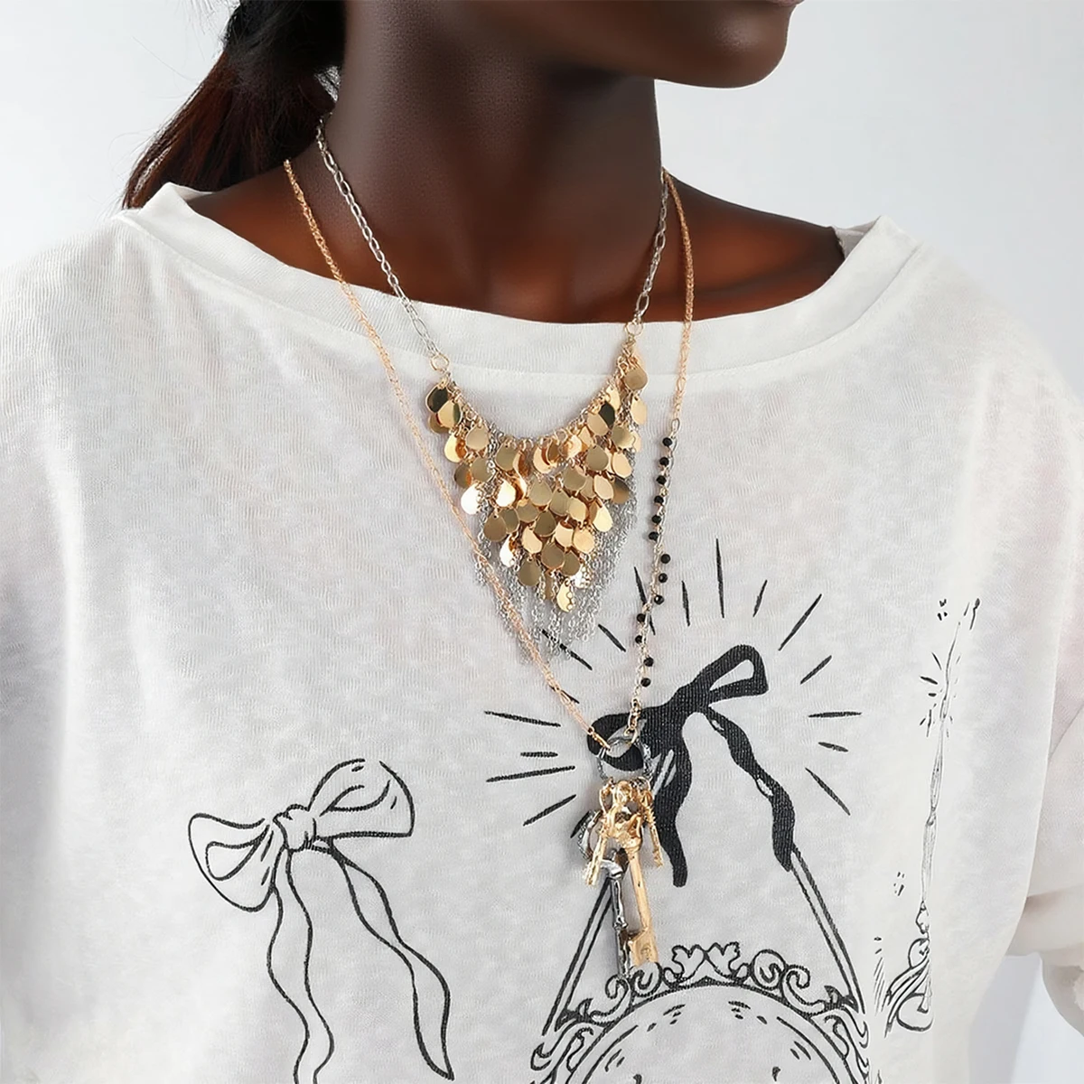 

New ZAA Double-layer Round Metal Plate Waterfall Sequin Key Pendant Necklace for Women Fashion Holiday Party Jewelry Accessories