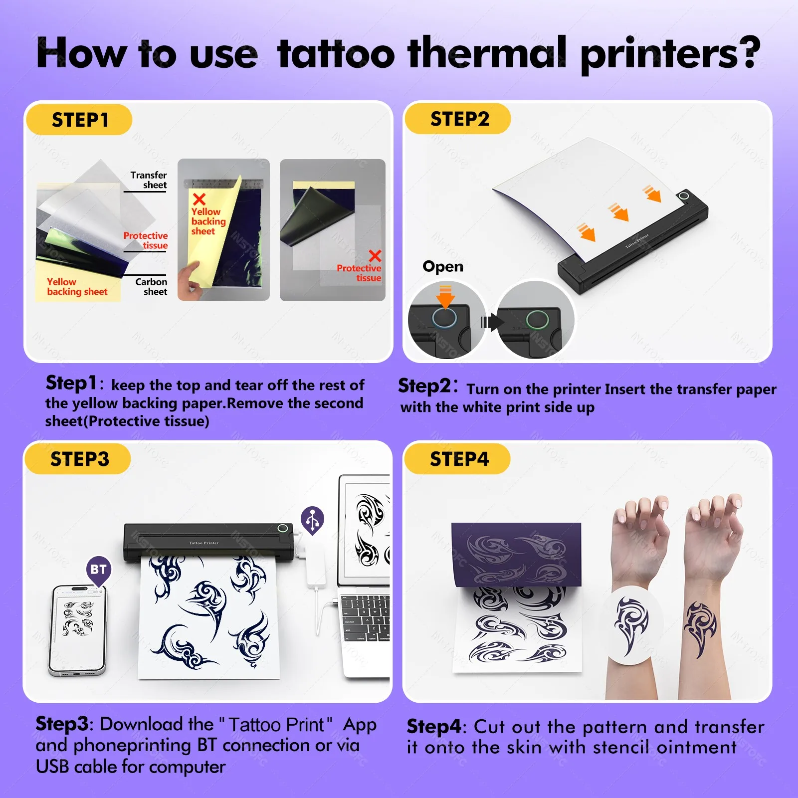 Mini Portable A4 Thermal Printer Tattoo Stencil Printer Bluetooth HD Printing Tattoo Machine A4 Tattoo Transfer Paper Printing