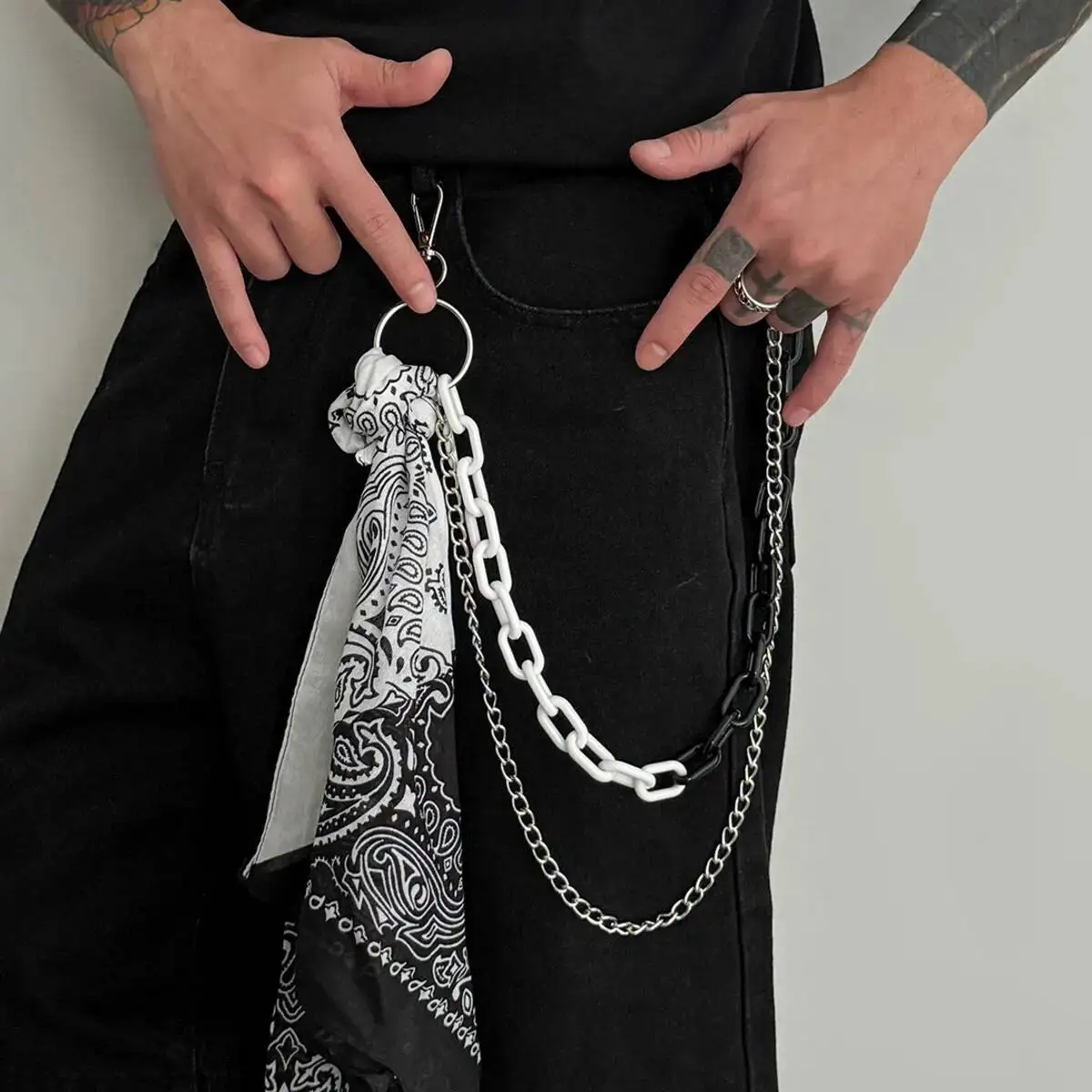 

KunJoe Creative Trendy Ribbon Square Scarf Keychain Pants Chain Men Hip Hop Acrylic Thick Chain Jeans Chains Jewelry Accessories