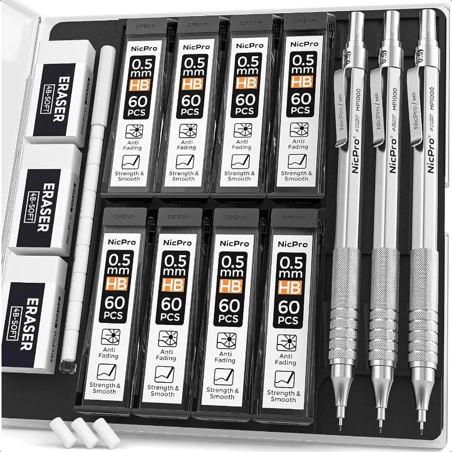 

0.5 Mechanical Pencil Set with Case 3PCS MP1000 Metal Artist Pencil 8 Tube HB Lead Refills 0.5mm 3 Erasers 9 Eraser Refills For
