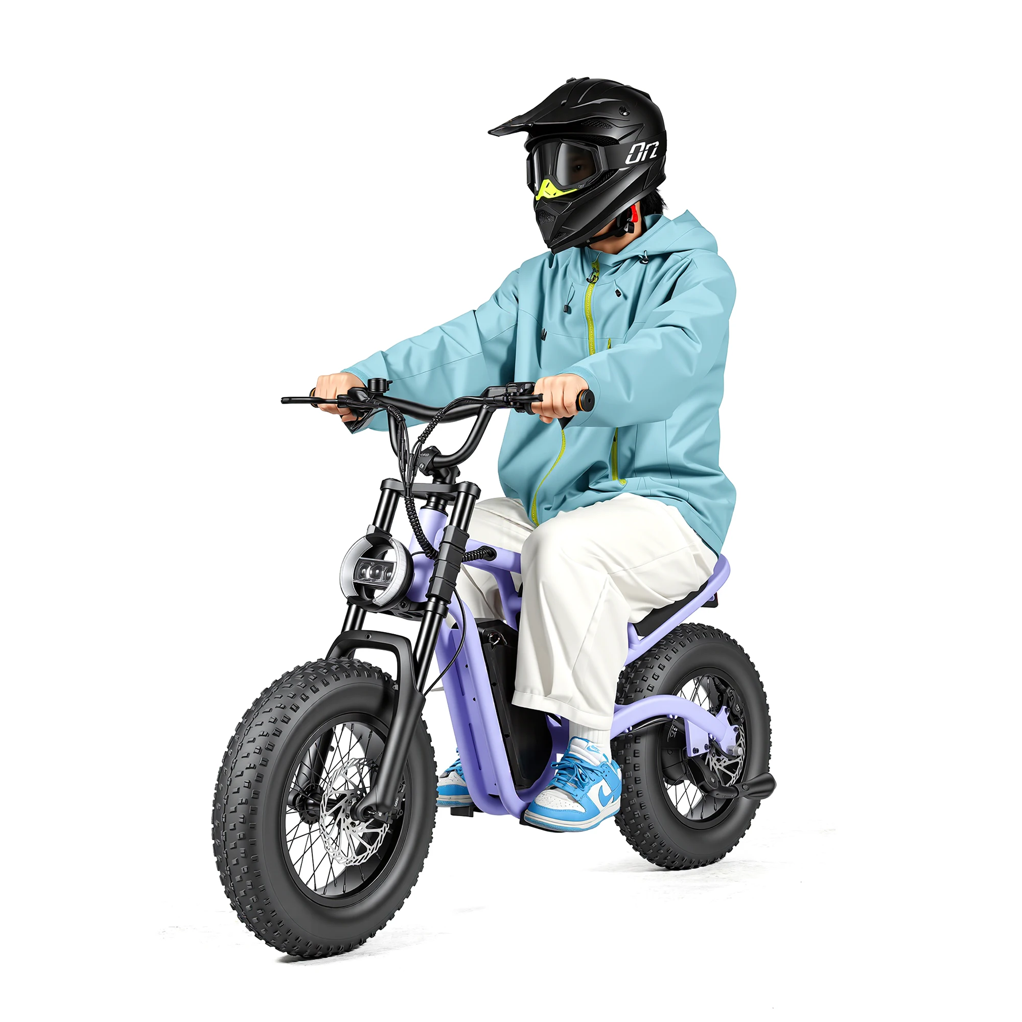 Kids Electric Dirt Bike 36V350W Brushless Motor Fat Tire Road Dual Suspension 16x4 Tires Lithium 10Ah Battery Steel 7-Speed