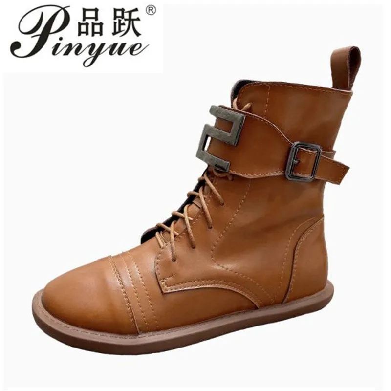 

Женские ботильоны из натуральной кожи в британском стиле в стиле ретро, повседневные ботинки на плоской подошве со шнуровкой и боковой молнией, размеры 35-39