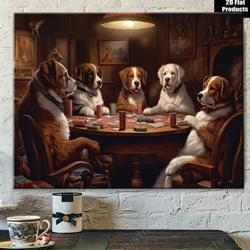 (No frame)2D Flat, 1pc Wooden Framed Canvas Art Dogs Playing Cards Around Table, Warmly Lit Wall Decor for Living Room, Bedro