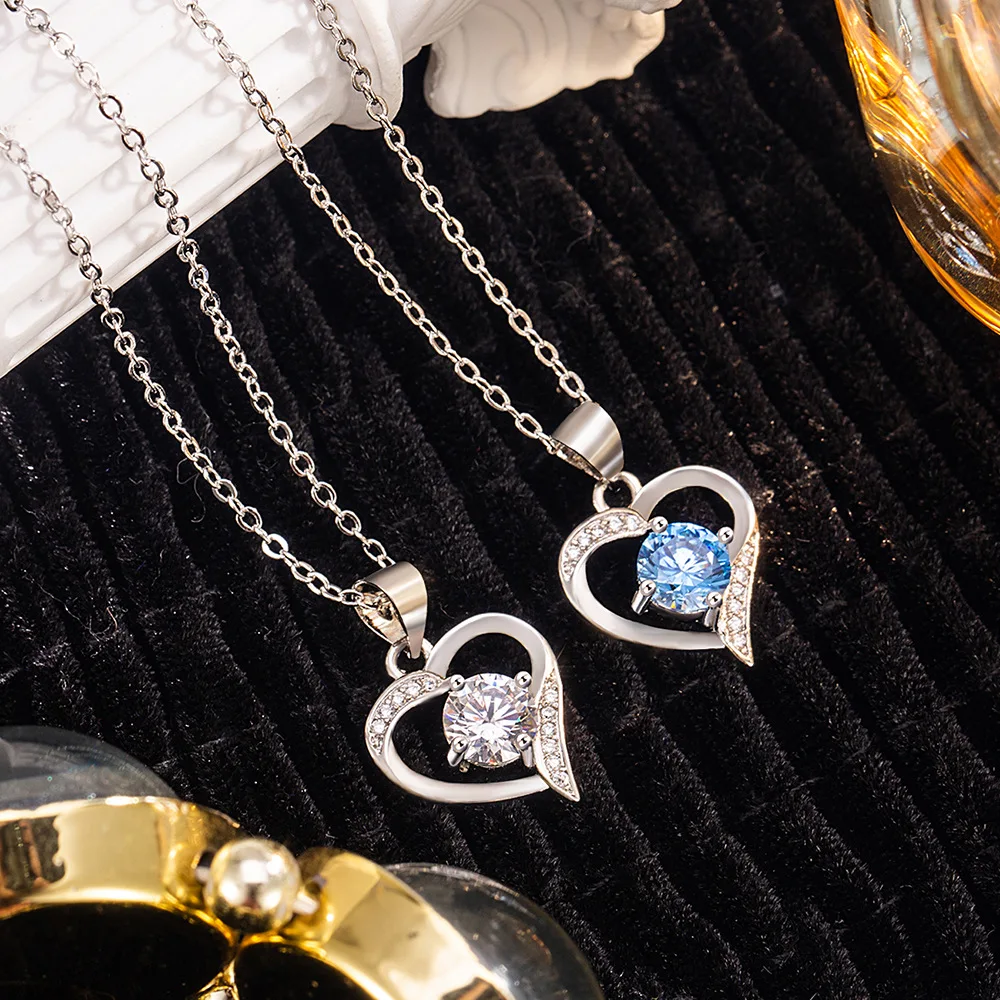 

925 Sterling Silver Fashion Elegant Love Zircon Pendant Necklace Birthday Party Anniversary Gift