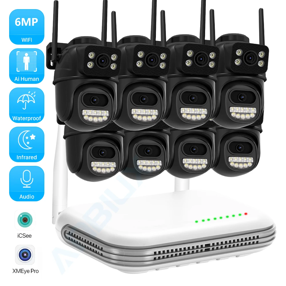 

Wireless CCTV System WiFi Camera Kit 6MP 3K IP Cameras With Dual Lens Security Audio 8CH NVR Video Surveillance Set ICsee App