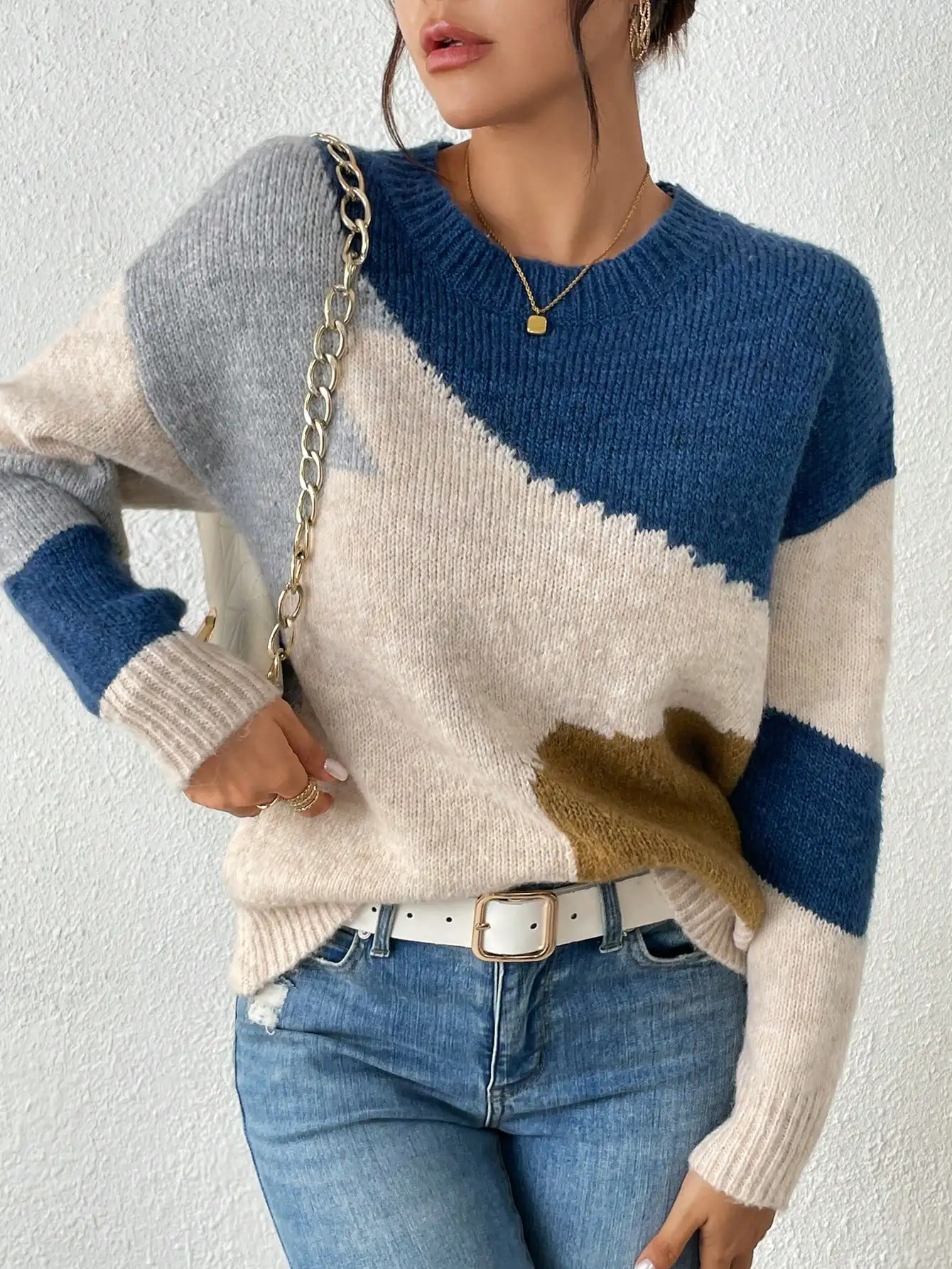 Women's Irregular Color‑Block Knit Sweater, Crew Neck Long Sleeve Pullover, Artistic Casual Streetwear Top For Autumn Winter