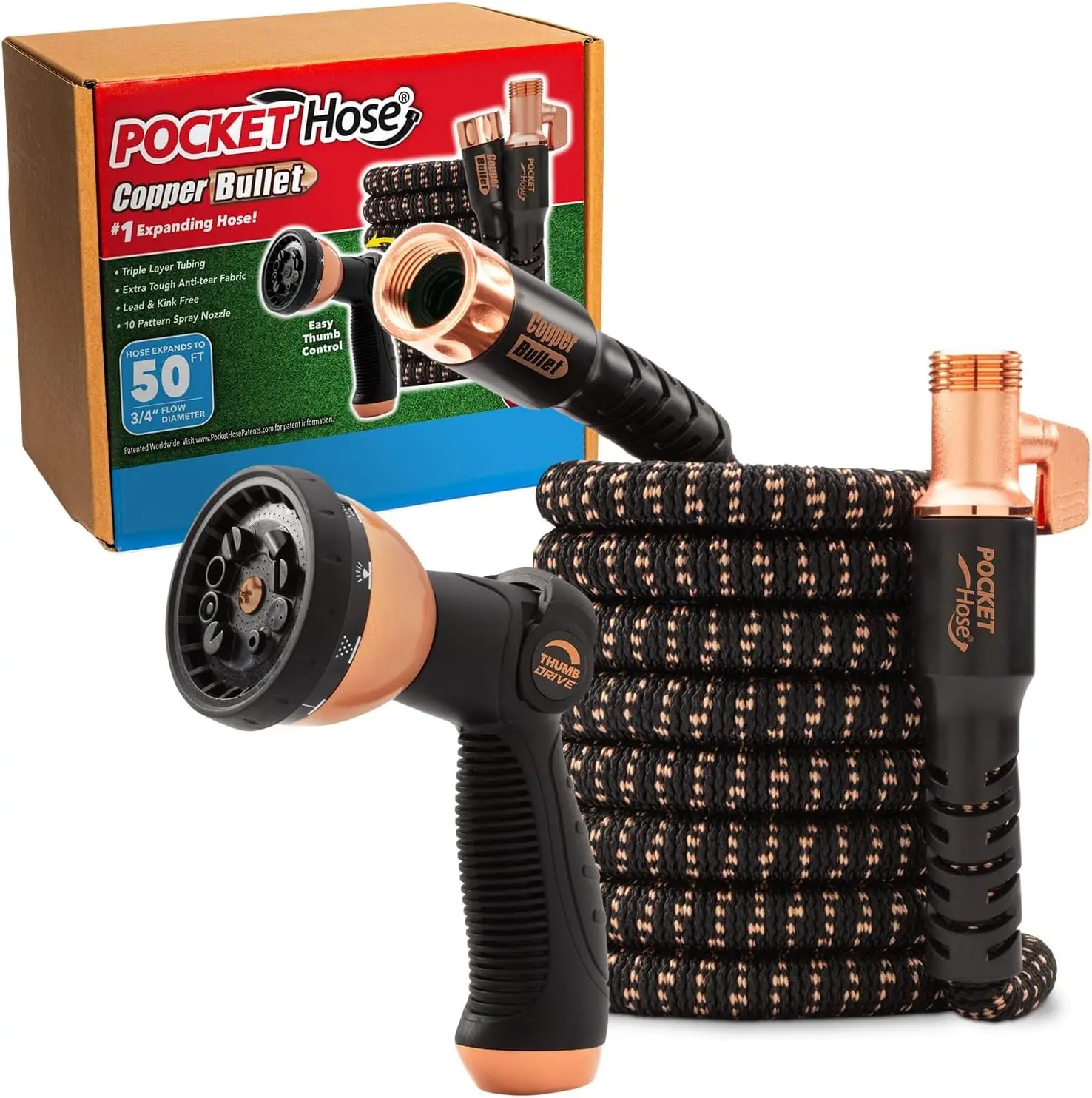 Pocket Hose 50 FT Copper Bullet Hose, 10-Pattern, 650psi