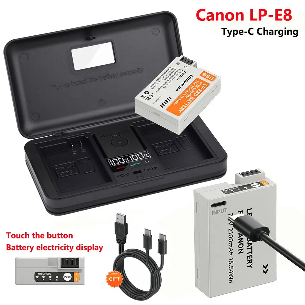 

LP-E8 LP E8 LPE8 Battery with Type-C Input+Storage Box LCD Dual Charger for Canon EOS 550D 600D 650D 700D x7i x6i x5 x4 T2i T3i