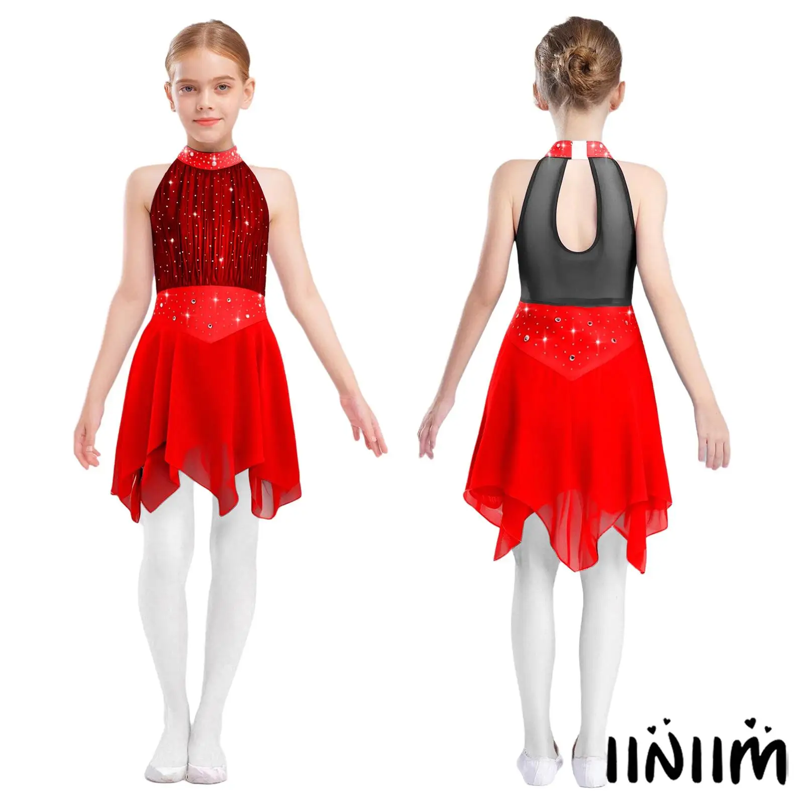 

Sparkly Rhinestone Figure Skating Dance Dress for Girls Sleeveless Keyhole Back Chiffon Hem for Stage Performances Dance Parties