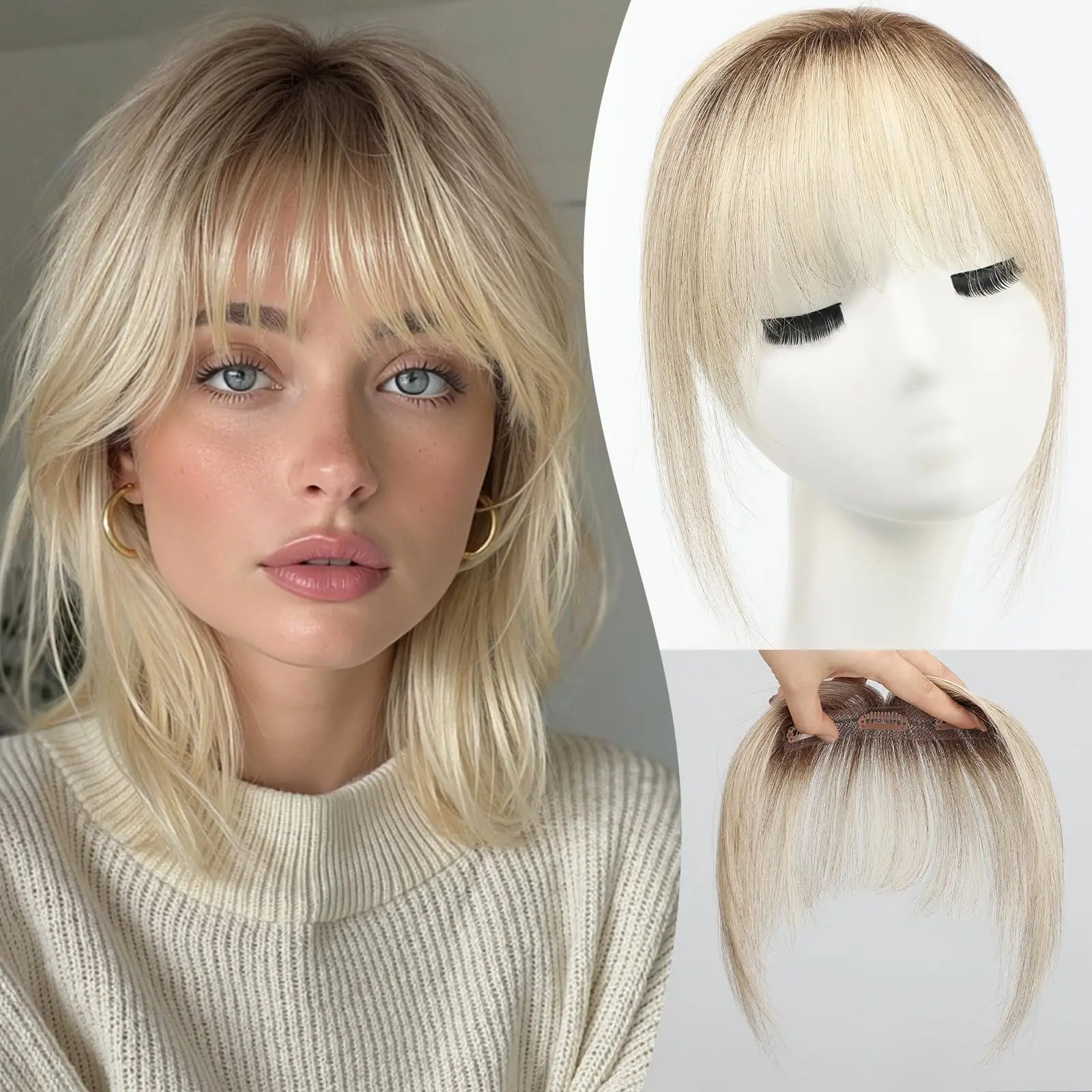 HAIRCUBE Blonde Ombre Clip in Bangs 100% Real Human Hair Extensions Air Bangs with Temples 3 Secure Clips Full Fringe for Women