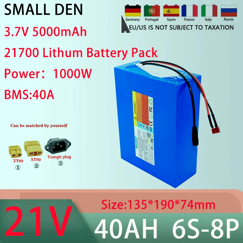 New 21V 40AH 6S8P 21700 lithium battery pack With 40A BMS 100-1000W high-power rechargeable battery+25.2V 5A charger