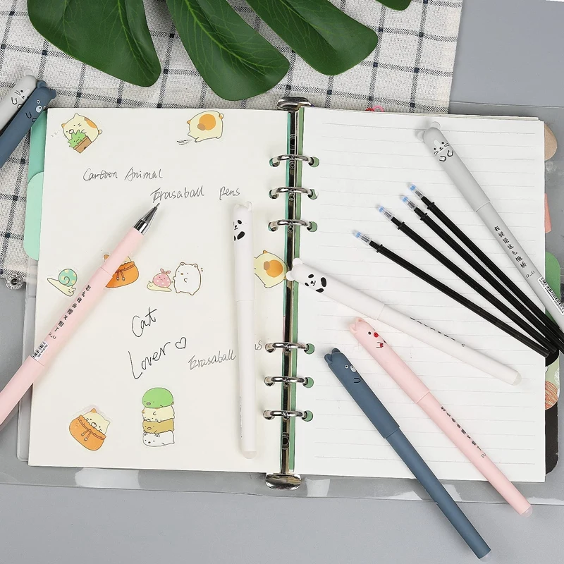 8 قطعة رولربال أقلام قابلة للمسح ، أقلام الكرتون الحيوان قابل للمسح أقلام الحبر الأسود مع 16 قطعة عبوات قابلة للمسح أقلام الاحتكاك