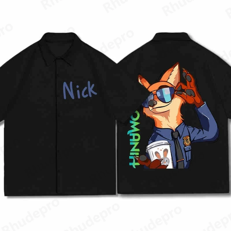 

Disney 2025 Zootopia New Hawaiian Shirt Men's Lapel Short-sleeved Single-breasted Shirt Fashion Casual Trend All-match Tops Y2K