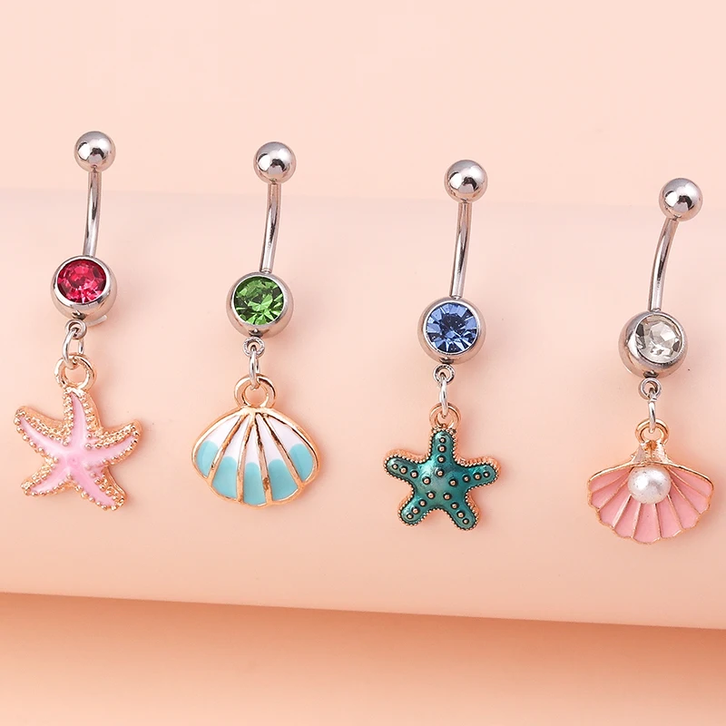 4Pcs/Set Cute Starfish Shell Belly Button Rings Sexy Navel Rings Belly Piercing Body Jewelry Women Girls Festival Jewelry Gift