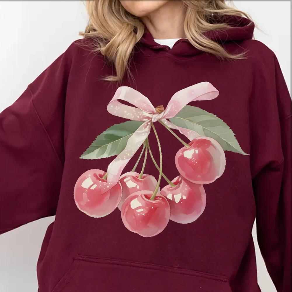 

Y2k Graphic Hoodie Cherries Bow Print Hoodie Fruit Inspired Oversize Casual Romantic Wear Trendy Nature Art Design Vibe Clothes