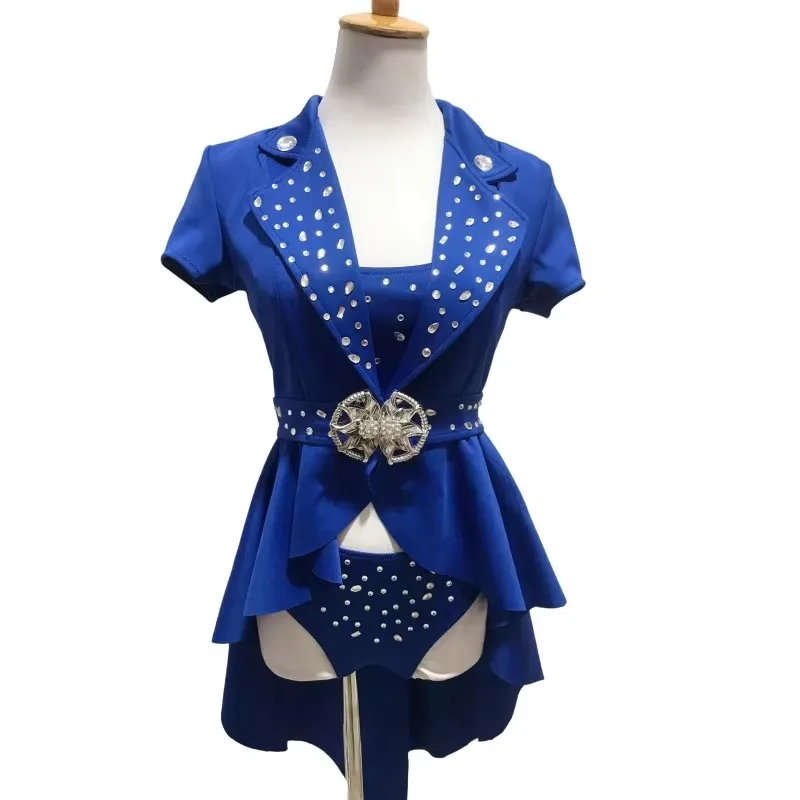 Women's Sexy Jazz Dance Team Costume Blue Crystal Tailcoat Split 3-Piece Set Stage Performance Outfit Nightclub Stage Wear