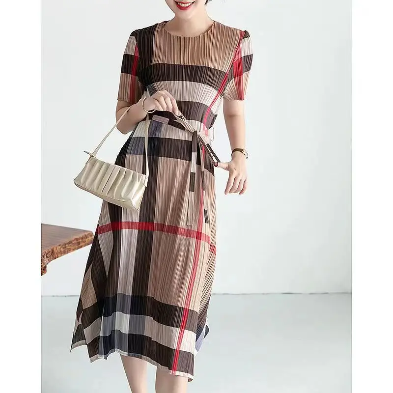 Pleated Elastic Loose Fit Dress, Contrast Color, Summer