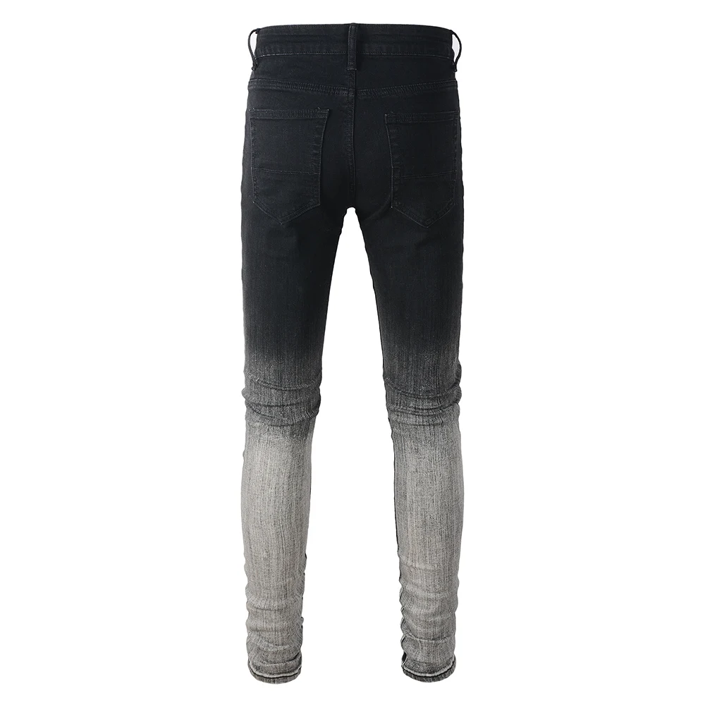 Jeans da uomo in denim di colore sfumato con toppe pantaloni affusolati skinny strappati effetto consumato Pantaloni in denim di cotone elasticizzato grigio nero