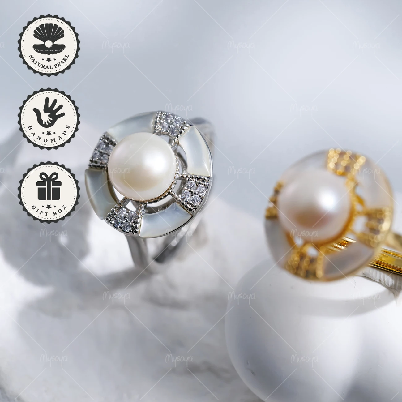 

MYSOYA 8-9mm White Freshwater Pearl Open Ring Golden or Silvery Mother of Pearl Design With Gift Box Birthday Gift