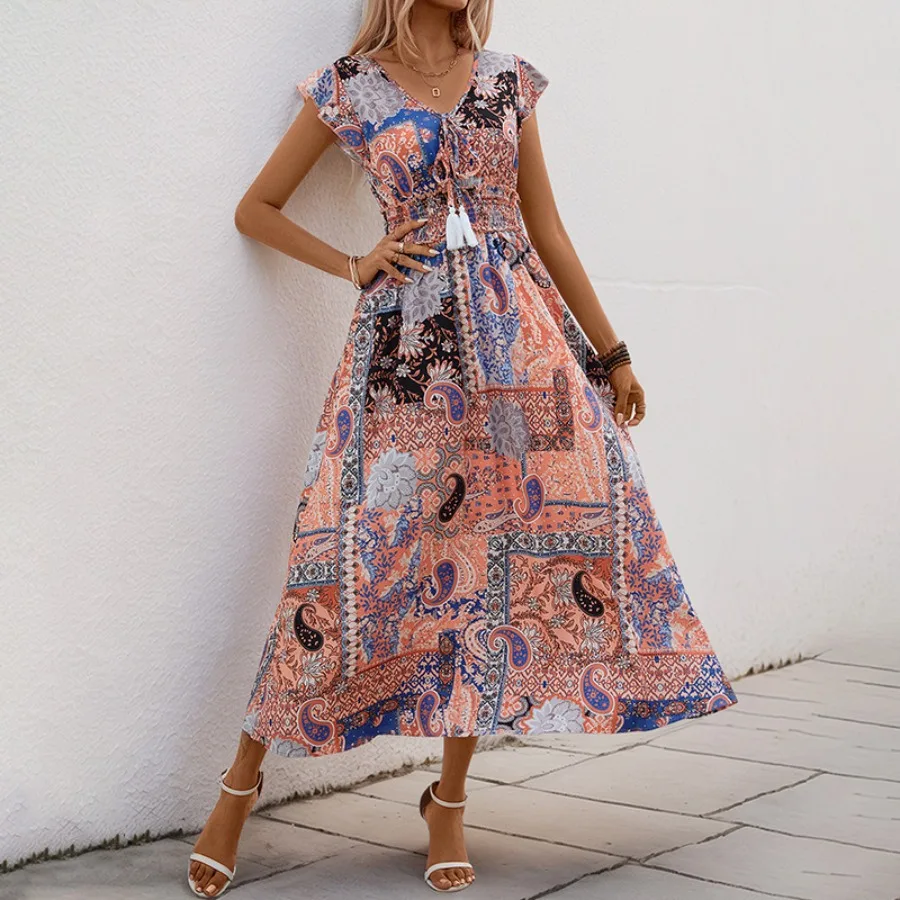

Европейское и американское платье с принтом, длинная юбка, новинка лета 2026, с кружевной отделкой на талии, национальный стиль, женское платье