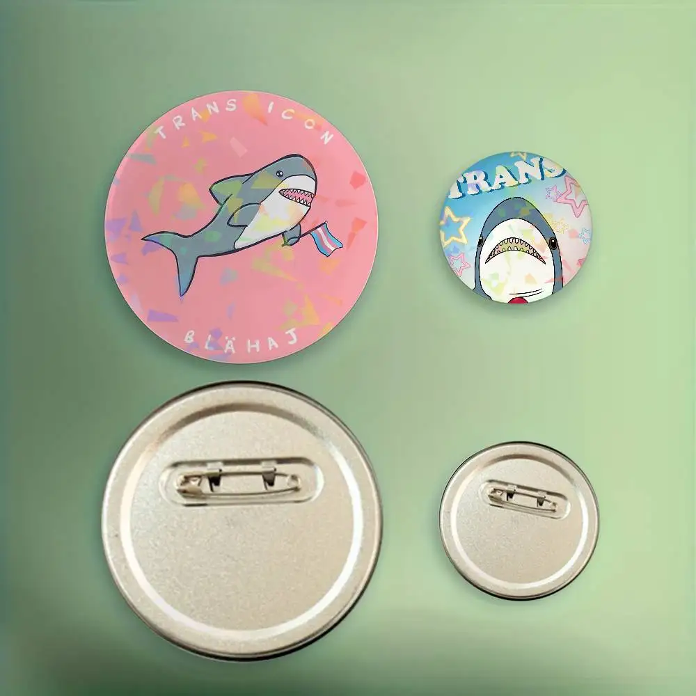 Trans Blahaj Shark Cartoon Round Badge for Backpack Accessories Laser Lapel Pins Jewelry Gifts view 4