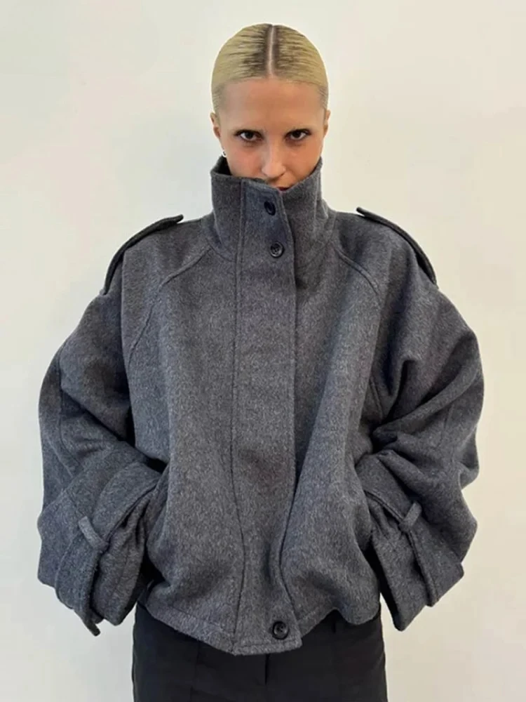 

Осень-зима, новые свободные женские шерстяные пальто с воротником-стойкой, однобортная куртка с длинными рукавами и карманами, женская уличная верхняя одежда