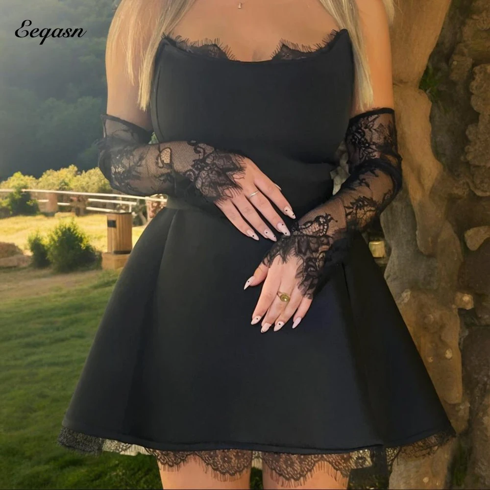 فساتين سوداء صغيرة للحفلات الراقصة فستان قصير أنيق للحفلات المسائية بدون ظهر دانتيل وأكمام طويلة لحفلات الكوكتيل فيستدوس دي فيستا مخصص #1