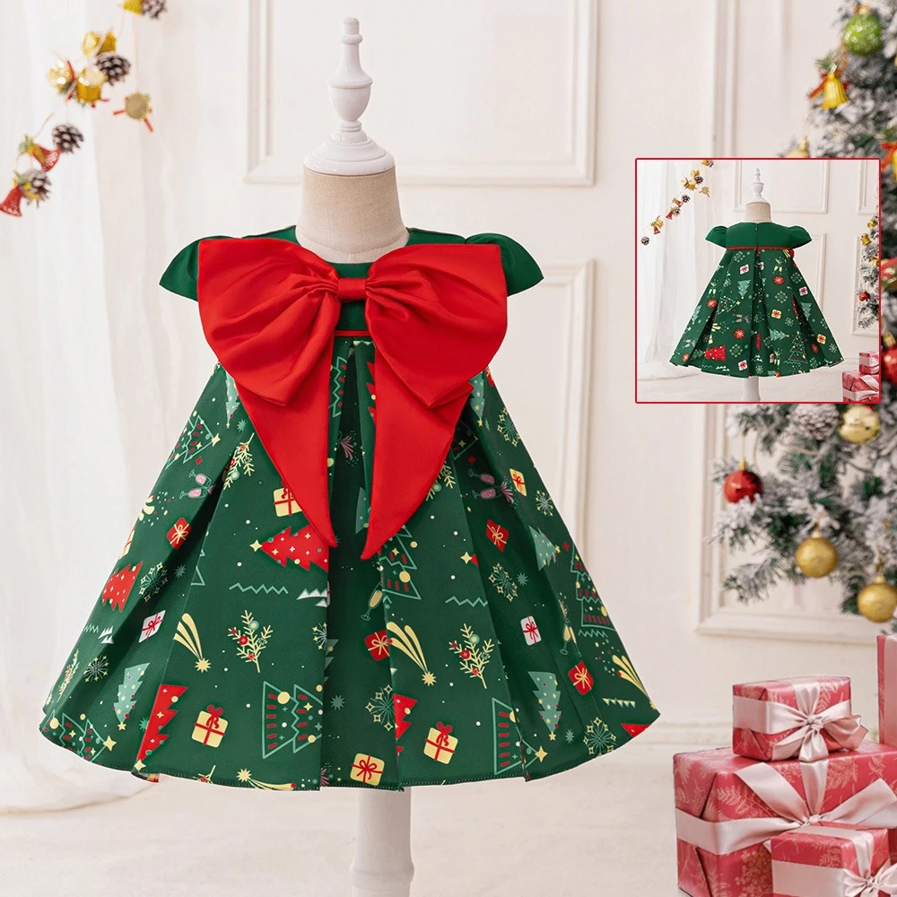 

Big Bow Christmas Gift Print Baby Girls Party Dress Carnival Costume Elegant 1st Birthday Wedding Princess Dresses Girl Clothing