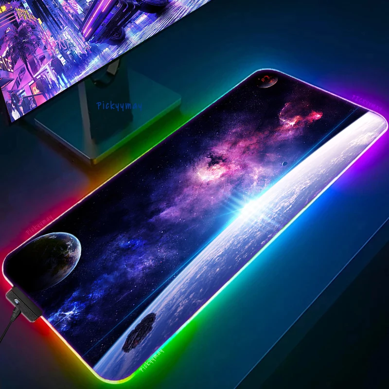 Blue Space LED Mouse Pad RGB Computer Teclado Deskpads LED Luminous Table Mats PC Gamer Large Mousepad Keyboard Desk Mat 100x50