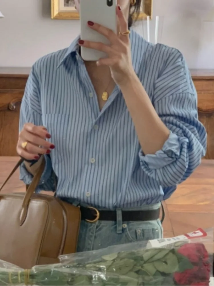 

Dongda Gate женский полосатый irt 2025 новый дизайн, свободный повседневный многослойный топ для поездок на работу, осенний длинный све, обычная длина