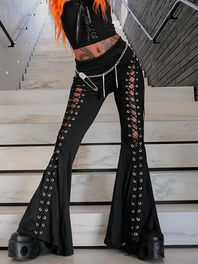 Women's gothic pants Spring 2024 new dark wind Street fashion trend cock-eye tie design flared pants women