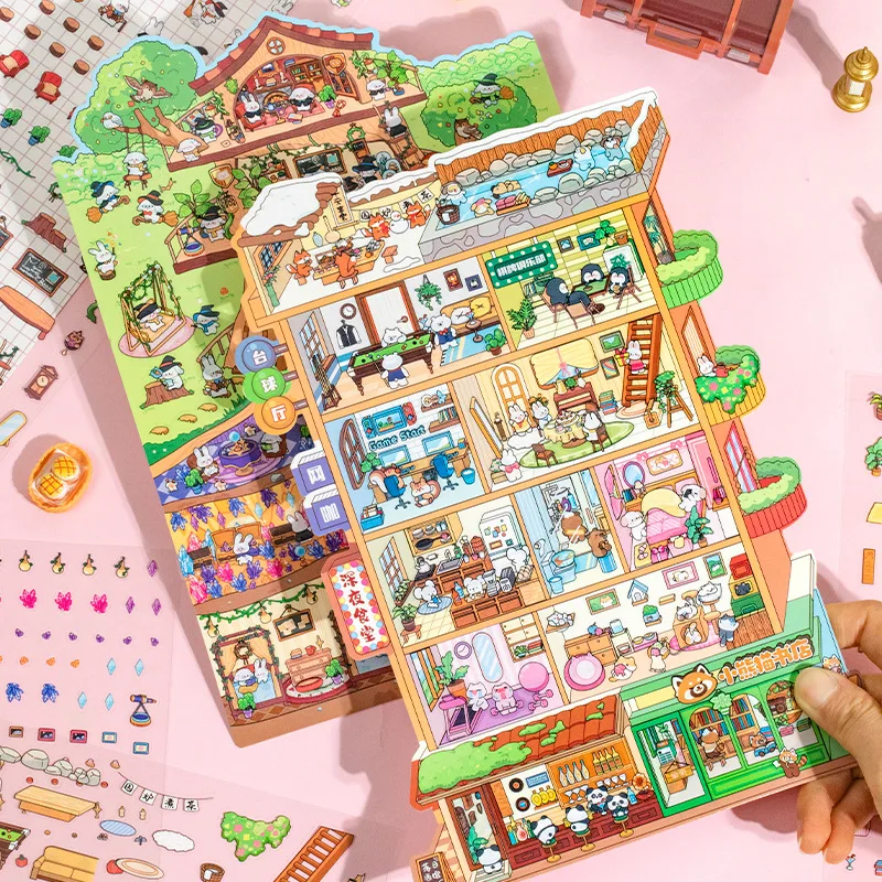 3D Cottage Children'S Hand Account Stickers Collage Miniature Landscape Stickers DIY Scrapbook Photo PET Notebook Stickers
