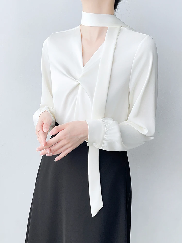 

White Silk Satin irt Women's Profional Commute Interview Busin Top Knot Loose Fit Korean Sle Polyester Fiber