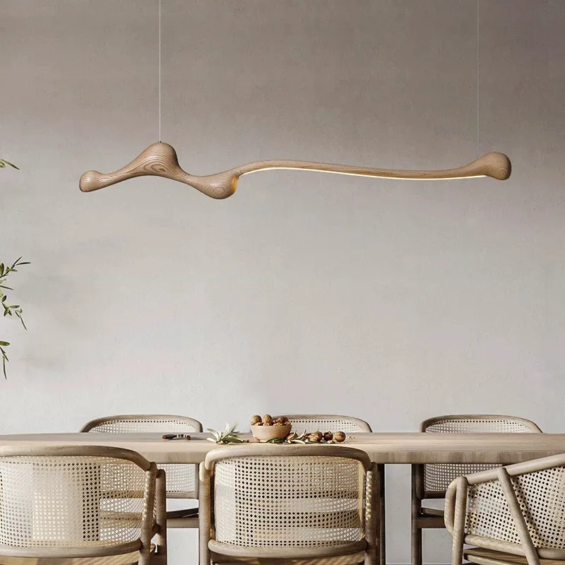 

Linear Solid Wood Pendant Light With A Gentle Curve Dimmable Led Chandelier In 3 Wood Colors For Kitchen Island Dining Room
