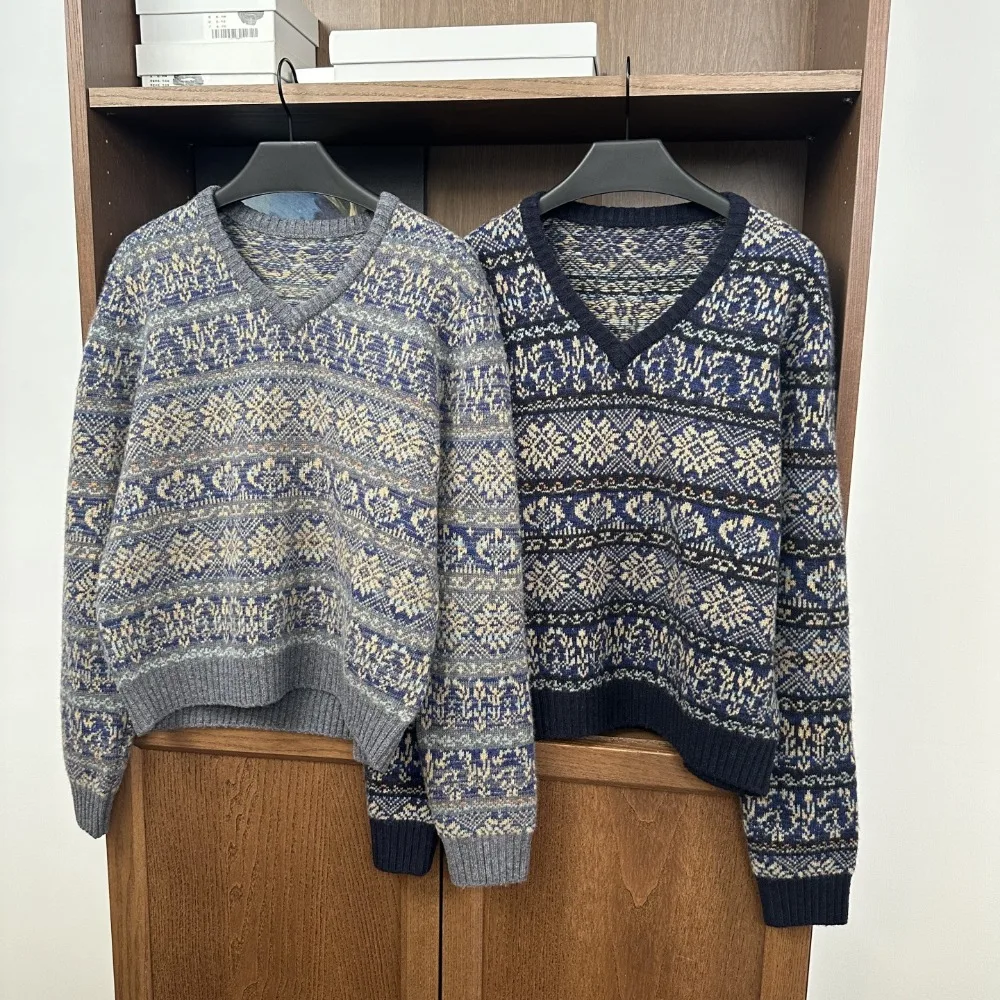

Retro Island Jacquard Pure Wool V-neck Knitted Sweater Women Pullovers