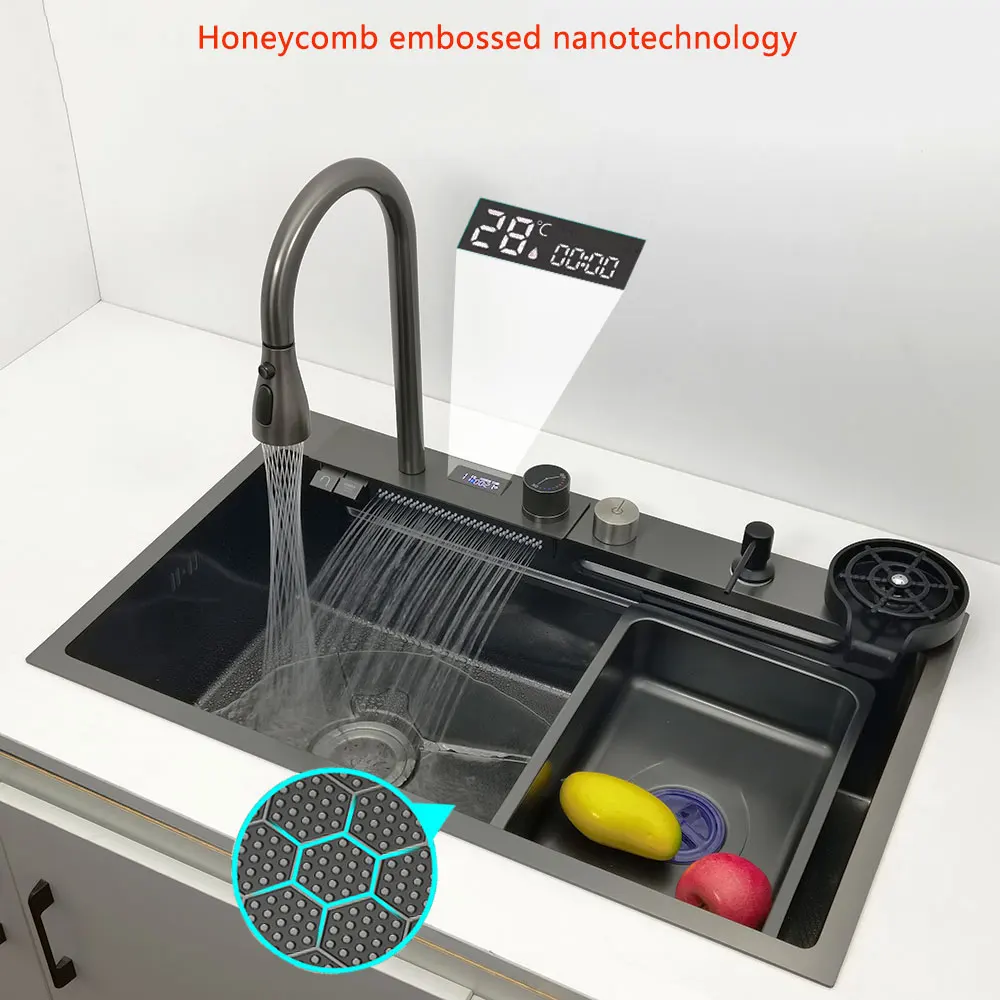 button control Left drain stainless steel kitchen sink LED display waterfall faucet honeycomb wear-resistant scratch-resistant