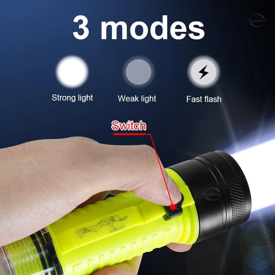 Upgrade LED Scuba Diving Flashlight Built-in 18650 Battery Type C Rechargeable Diving Torch Super Bright Underwater 100m Lantren