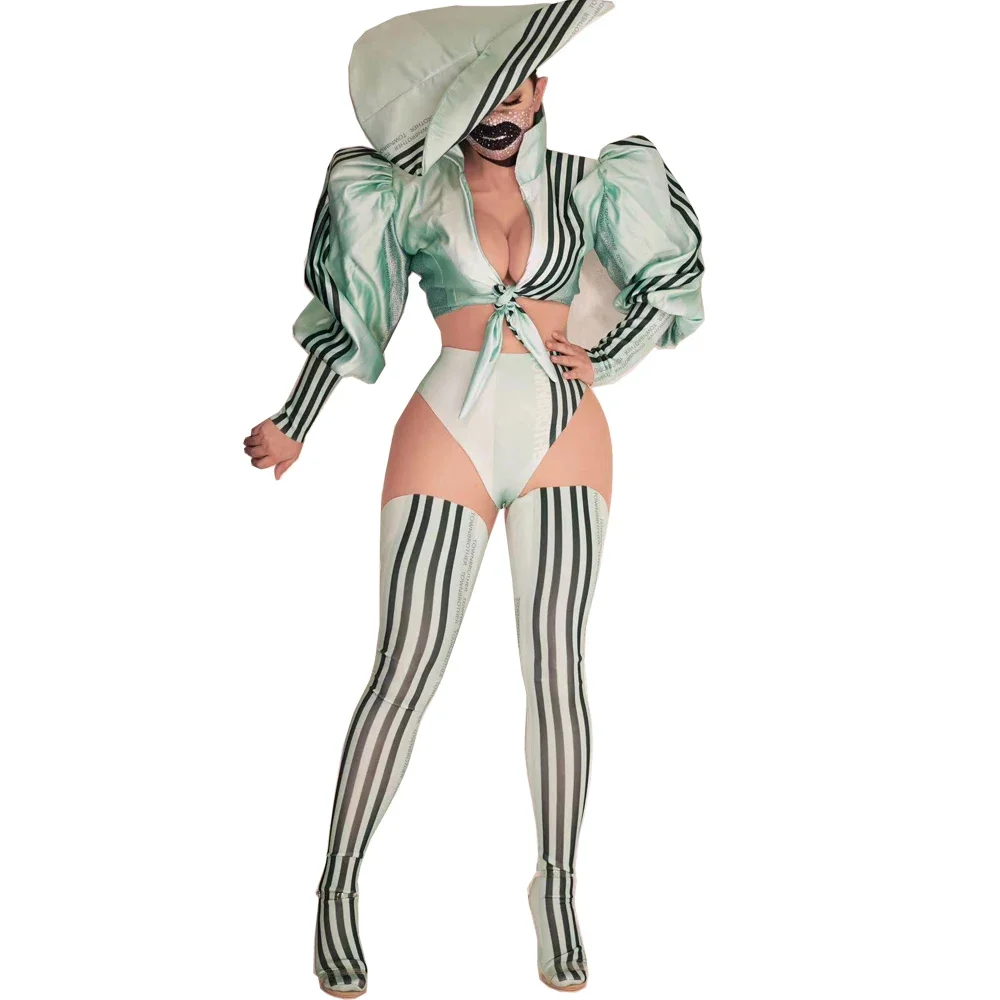 

Deep V Striped Bodysuit Gogo Dancer Costume Nightclub Stage Wear Lady Cosplay Performance Costume Drag Queen Outfit