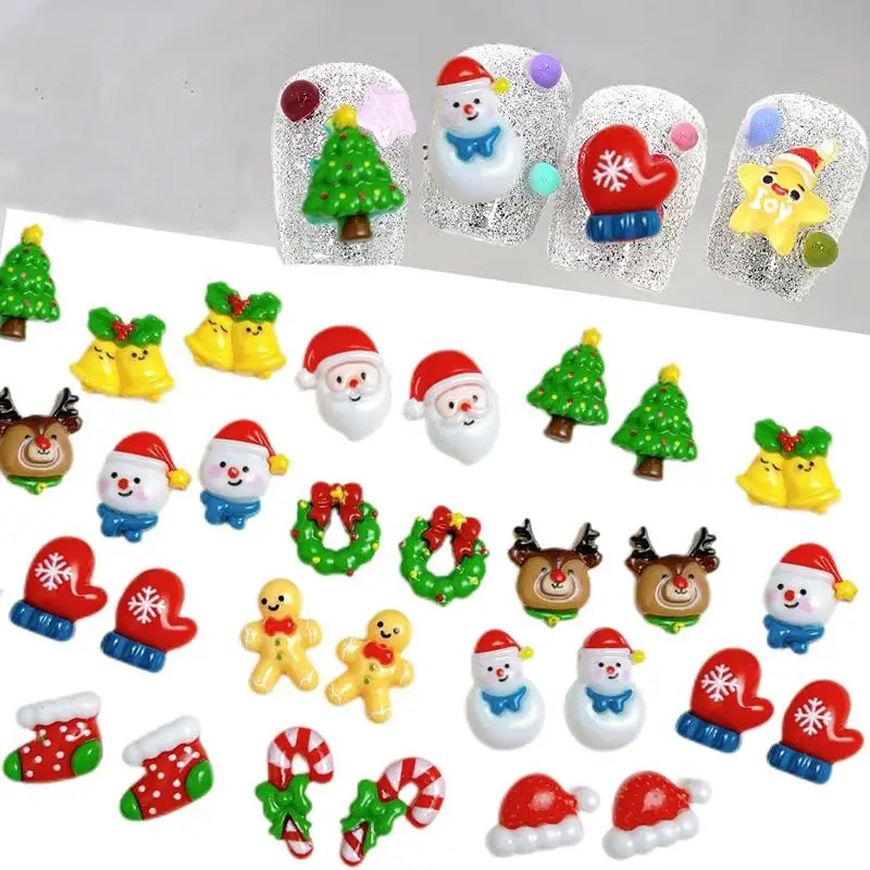 20 piezas Kawaii serie navideña de resina para decoración de uñas, dijes de dibujos animados de Papá Noel, muñeco de nieve, guantes simulados, campana, decoraciones para uñas DIY