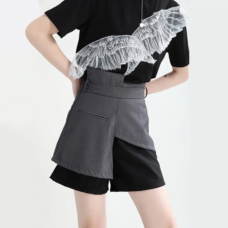 2024 summer new irregular suit shorts design sense fake two pieces of high waist casual wide leg pants