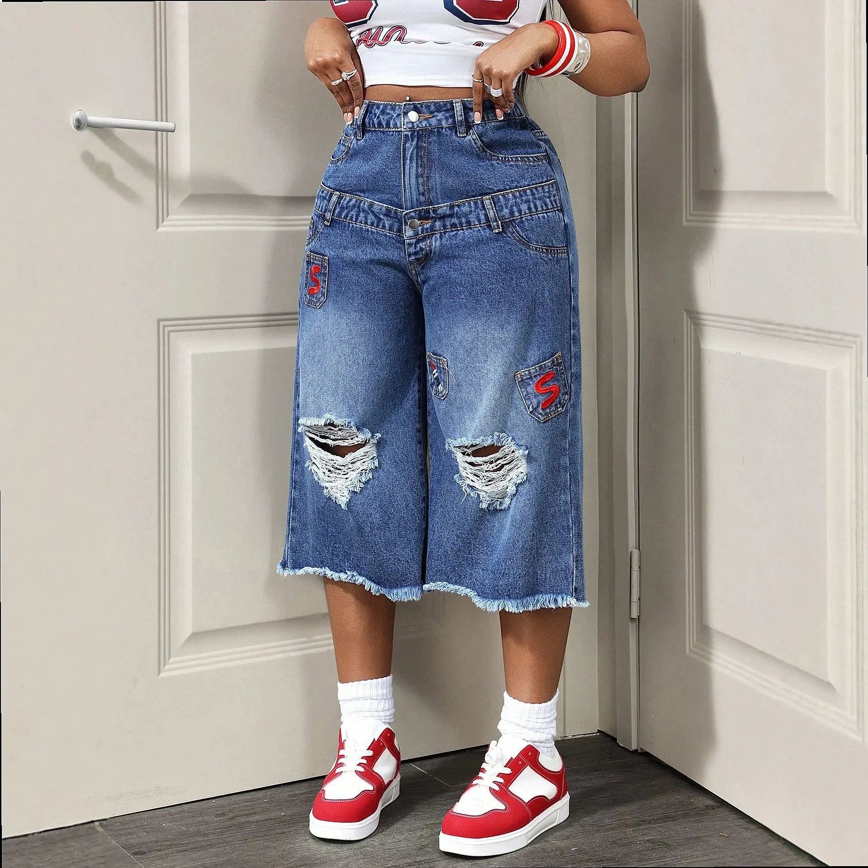Distressed Denim Capri Pants Women Fashion Casual Jeans Capris Summer Spring Overall Jumpsuit Playsuit