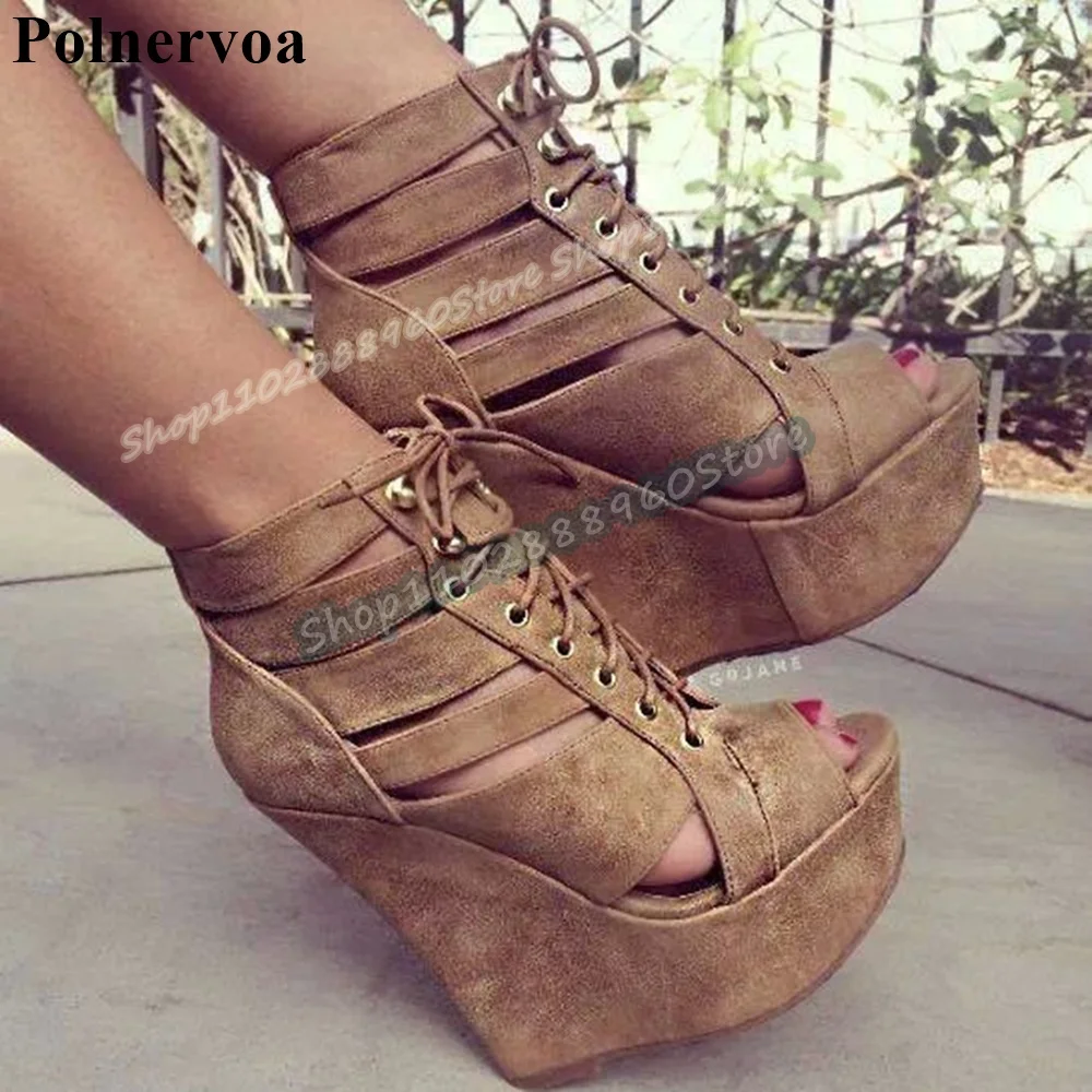 

Retro Style Brown Platform Sandals Wedges High Heel Shoes For Women Cross Tied Peep Toe Casual Occidental Style Women Sandals