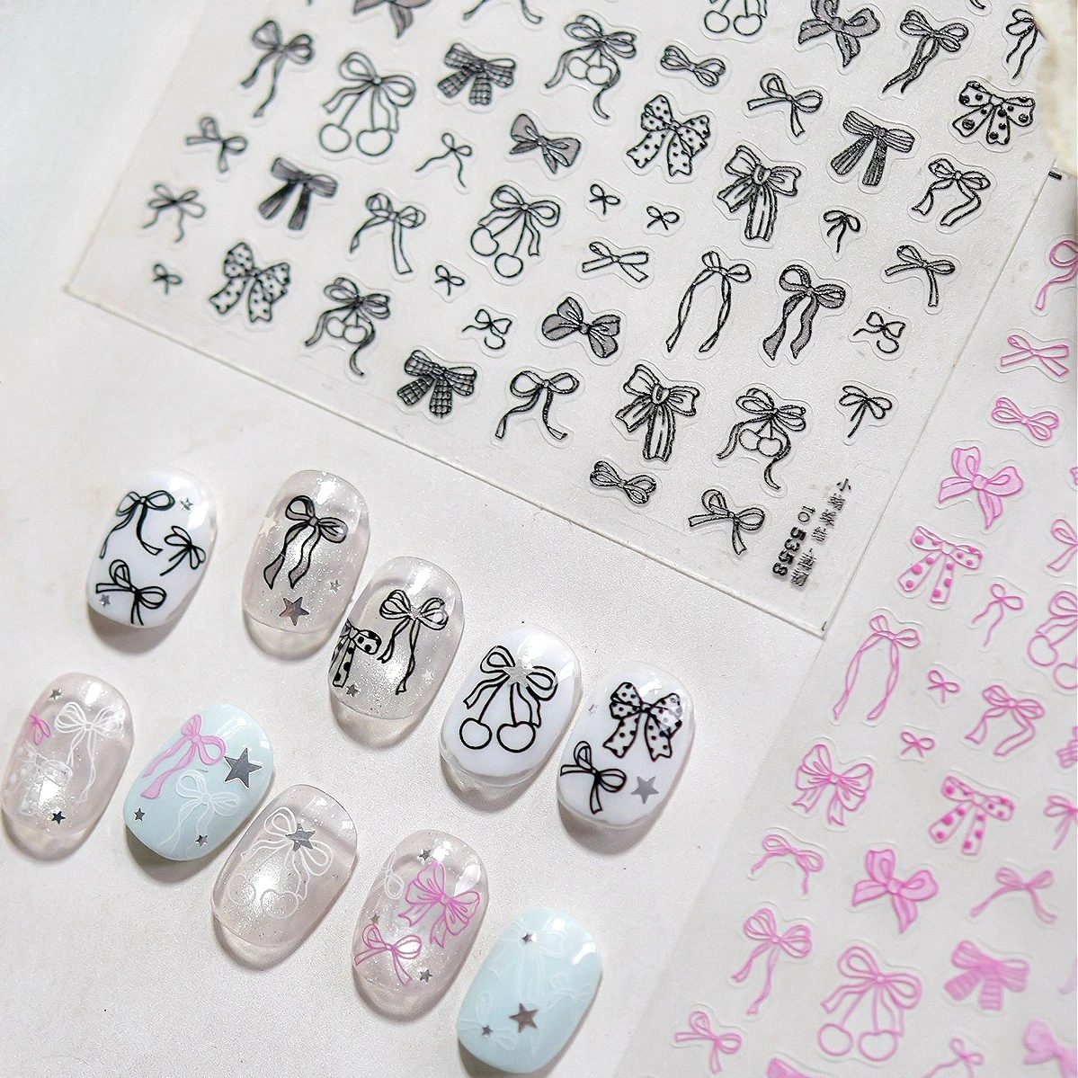 Charme Kant Strik Polka Dot Kersenlint Liefde Hart Luipaardprint Vlinderdas Ster Mini Strass Parel Nail Art Stickers Decals