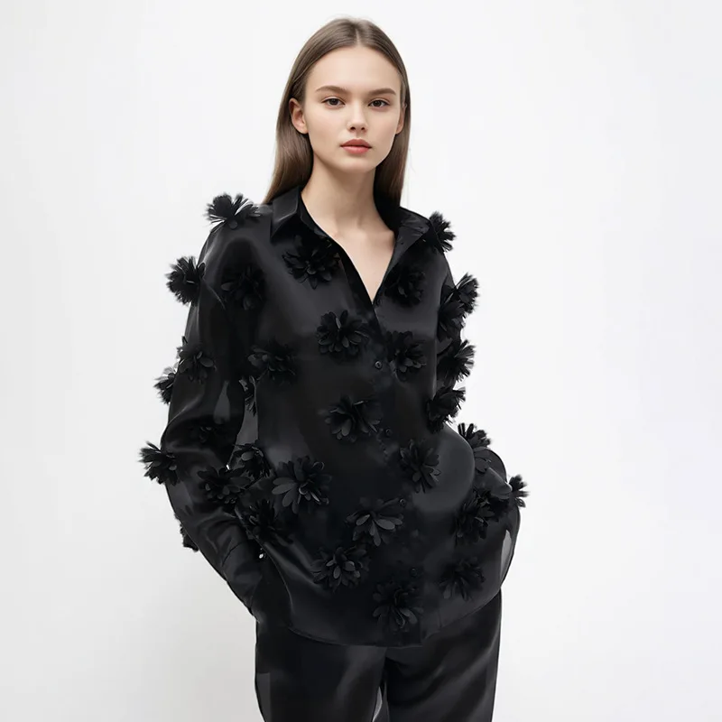 

Дизайнерская рубашка с 3D цветком, женская весна-лето, роскошная блузка с аппликацией и лацканами, рубашки с длинными рукавами, женские элегантные шикарные топы Blusas 2026